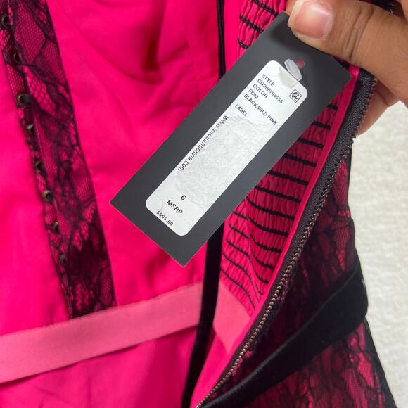 Alice + Olivia Pink Black Lace Bustier Corset Ruffle Belted Mini Dress Sz 6 NWT - Picture 16 of 16